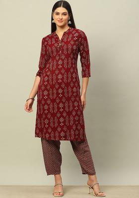 Maroon Printed Viscose Kurta Set