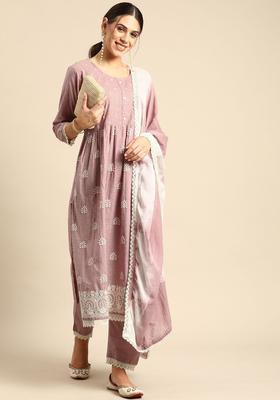 Mauve Embroidered Cotton Kurta Set