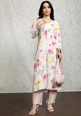 White Printed Viscose Kurta Set