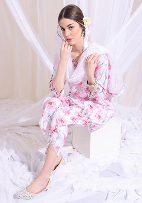 White Printed Viscose Kurta Set