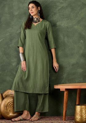 Green Striped Cotton Kurta Set