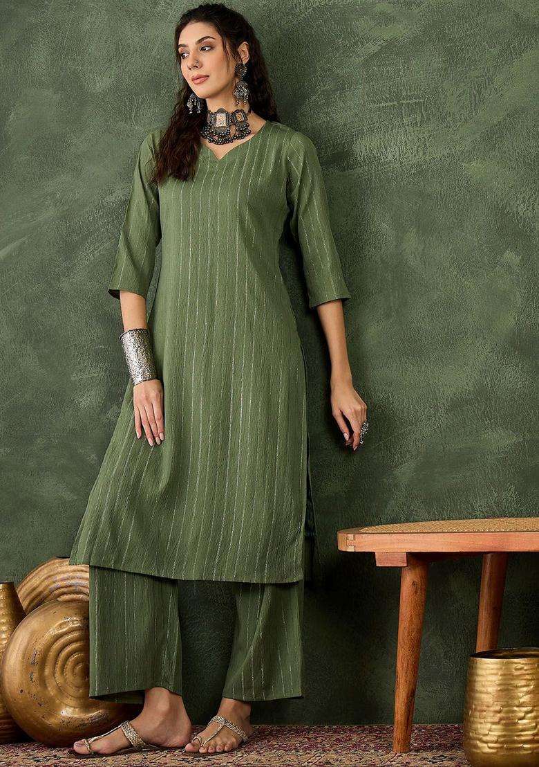Green Striped Cotton Kurta Set - Indya