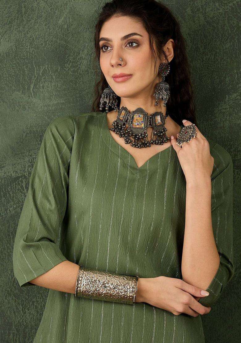 Green Striped Cotton Kurta Set - Indya