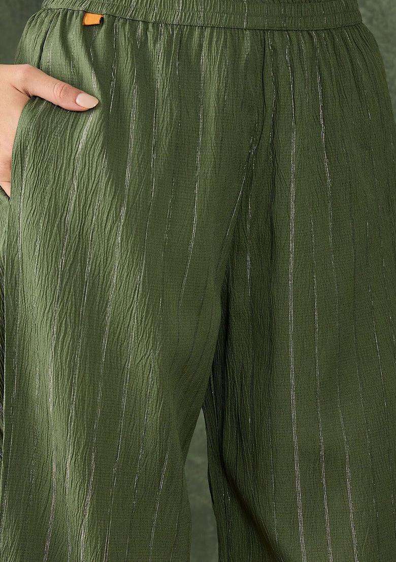 Green Striped Cotton Kurta Set - Indya