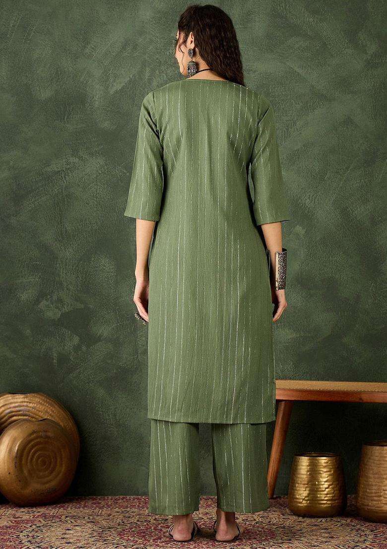 Green Striped Cotton Kurta Set - Indya