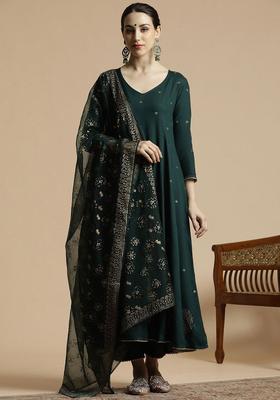Green Printed Cotton Anarkali Set