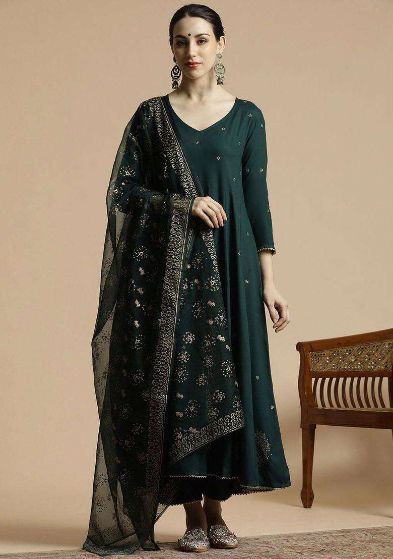 Green Printed Cotton Anarkali Set - Indya