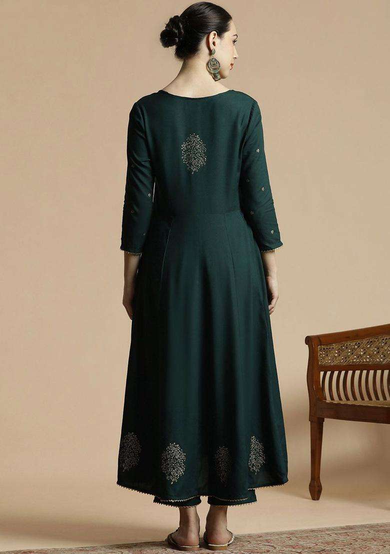 Green Printed Cotton Anarkali Set - Indya