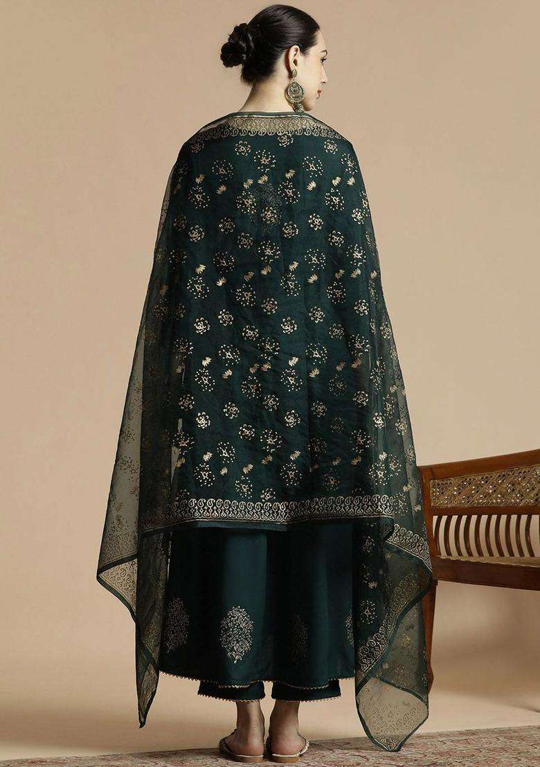 Green Printed Cotton Anarkali Set - Indya