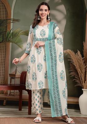 Blue Self Design Cotton Kurta Set