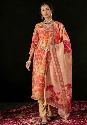 Red Printed Silk Kurta Set