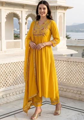 Yellow Embroidered Liva Kurta Set