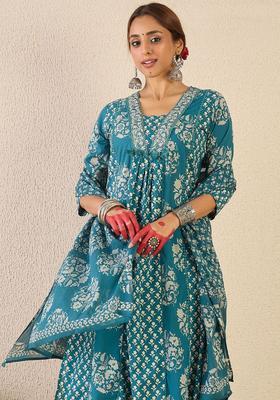 Teal Printed Cotton Kurta Set