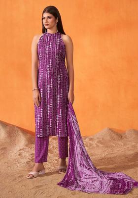 Purple Printed Viscose Kurta Set