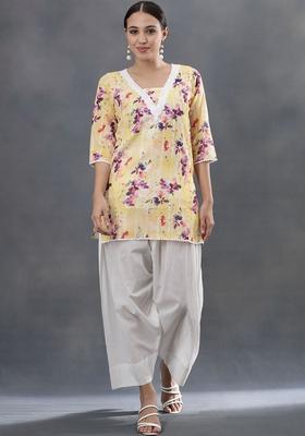 Yellow Printed Silk Blend Kurta Set