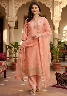 Peach Embroidered Cotton Kurta Set