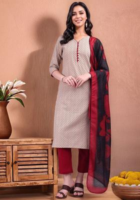 Beige Printed Cotton Kurta Set