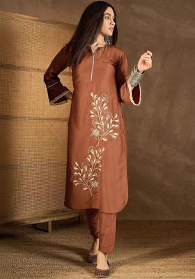 Brown Embroidered Silk Blend Kurta Set