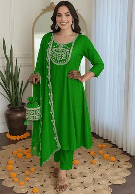 Green Embroidered Silk Anarkali Set