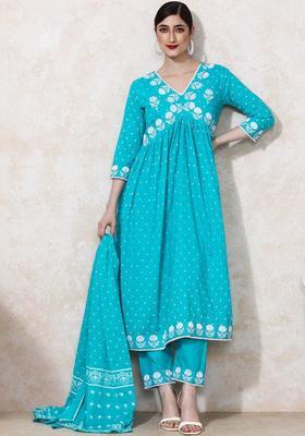 Turquoise Blue Printed Cotton Kurta Set