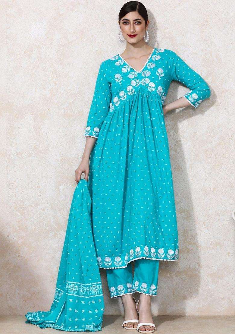 Turquoise Blue Printed Cotton Kurta Set - Indya