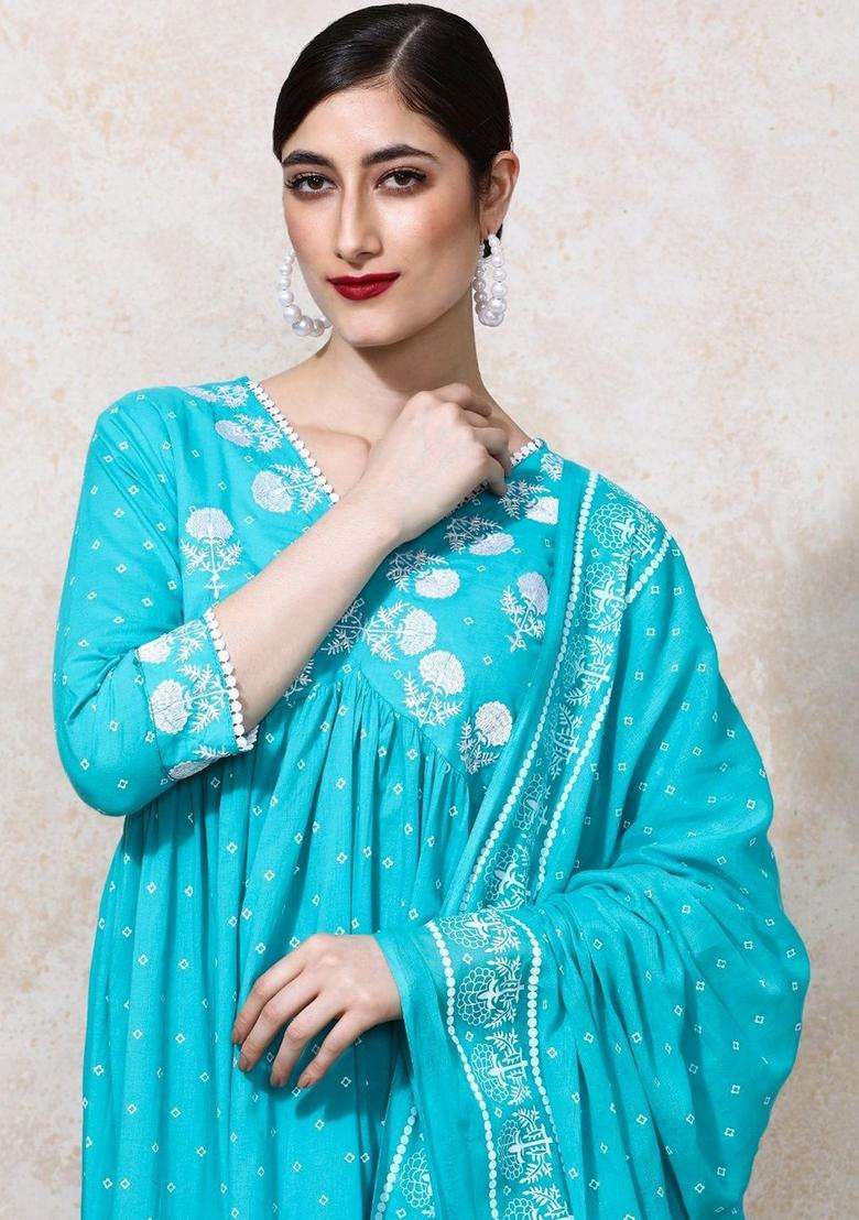 Turquoise Blue Printed Cotton Kurta Set - Indya