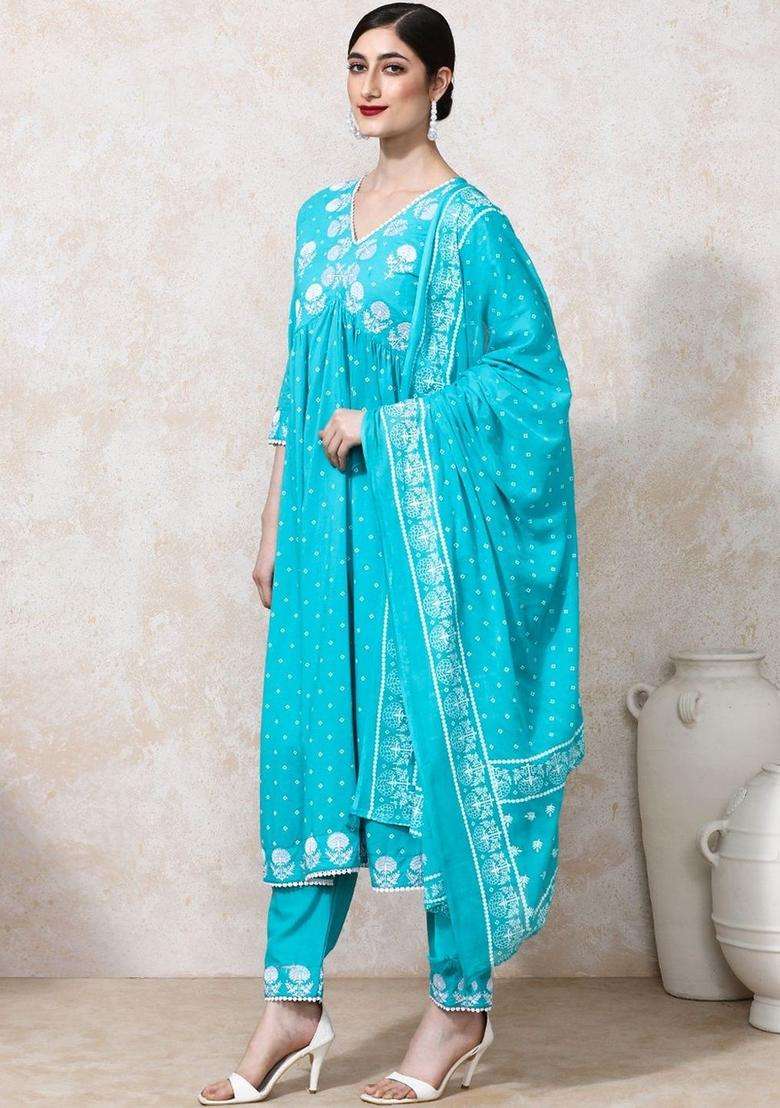 Turquoise Blue Printed Cotton Kurta Set - Indya