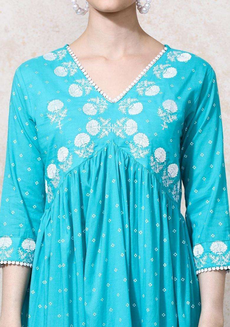 Turquoise Blue Printed Cotton Kurta Set - Indya