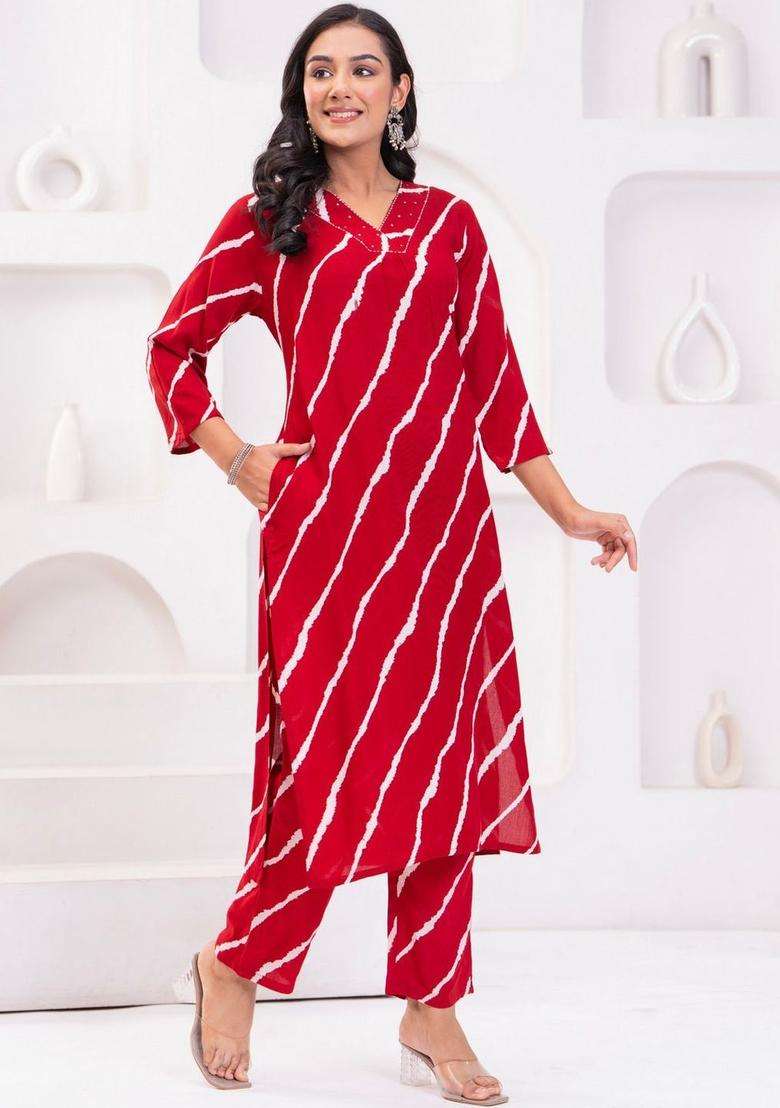 Red Printed Viscose Kurta Set - Indya