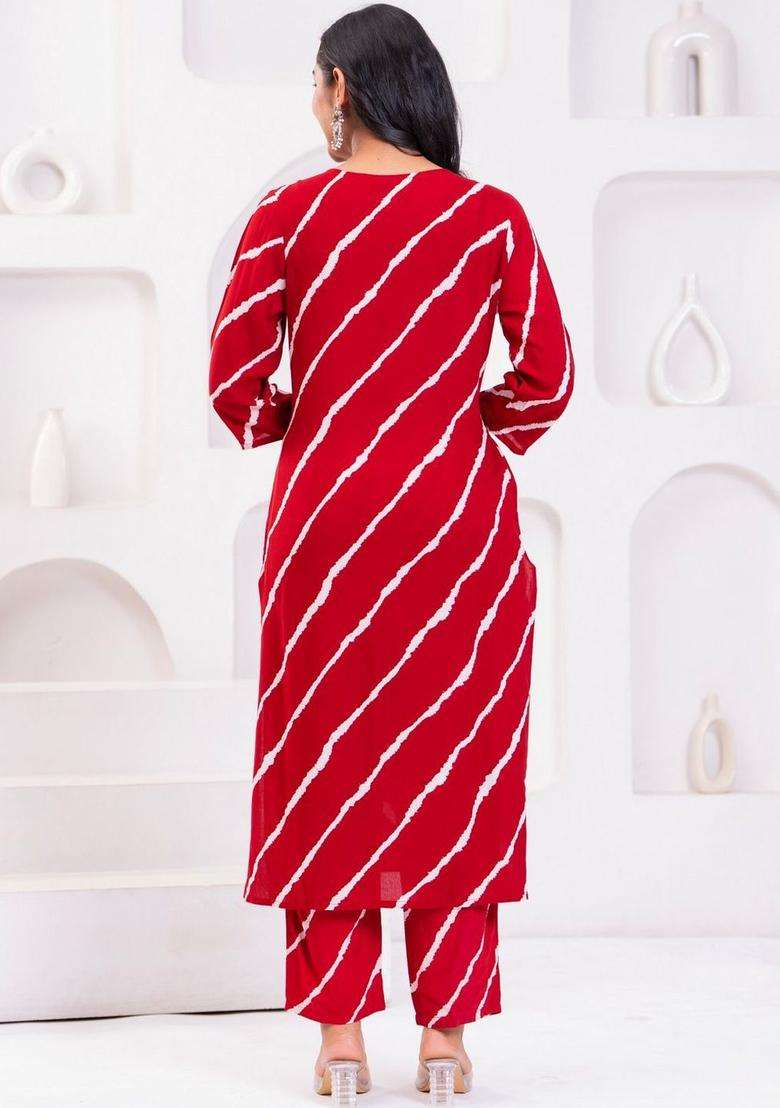Red Printed Viscose Kurta Set - Indya