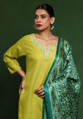 Lime Green Embroidered Cotton Kurta Set