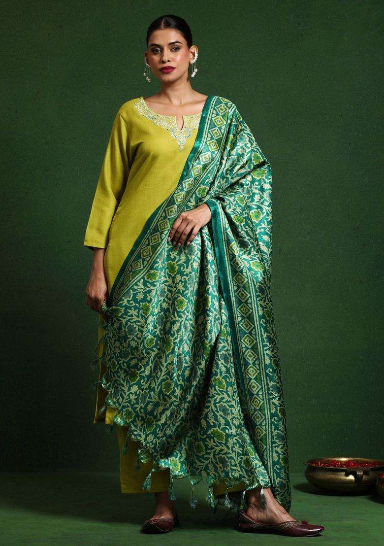 Lime Green Embroidered Cotton Kurta Set - Indya
