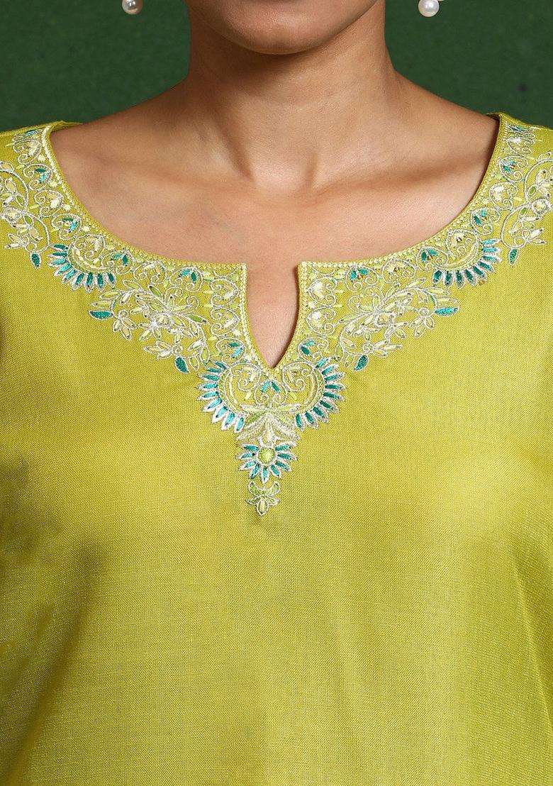 Lime Green Embroidered Cotton Kurta Set - Indya