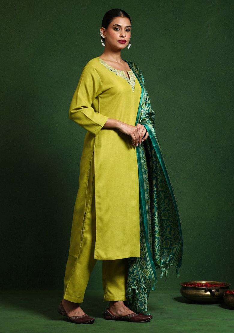 Lime Green Embroidered Cotton Kurta Set - Indya