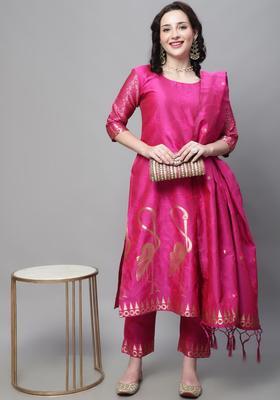 Pink Woven Design Silk Blend Kurta Set