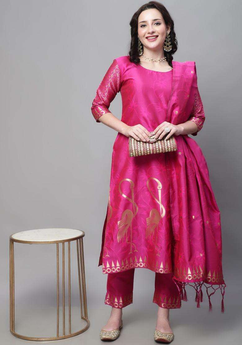Pink Woven Design Silk Blend Kurta Set - Indya