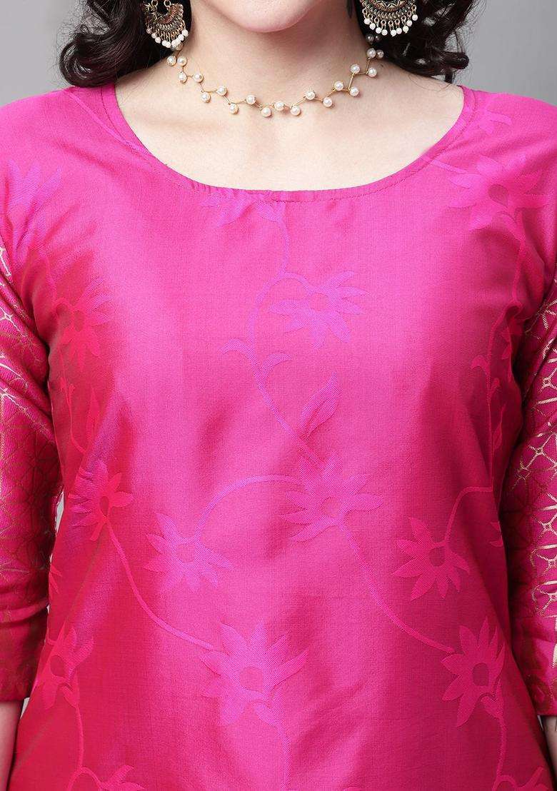 Pink Woven Design Silk Blend Kurta Set - Indya
