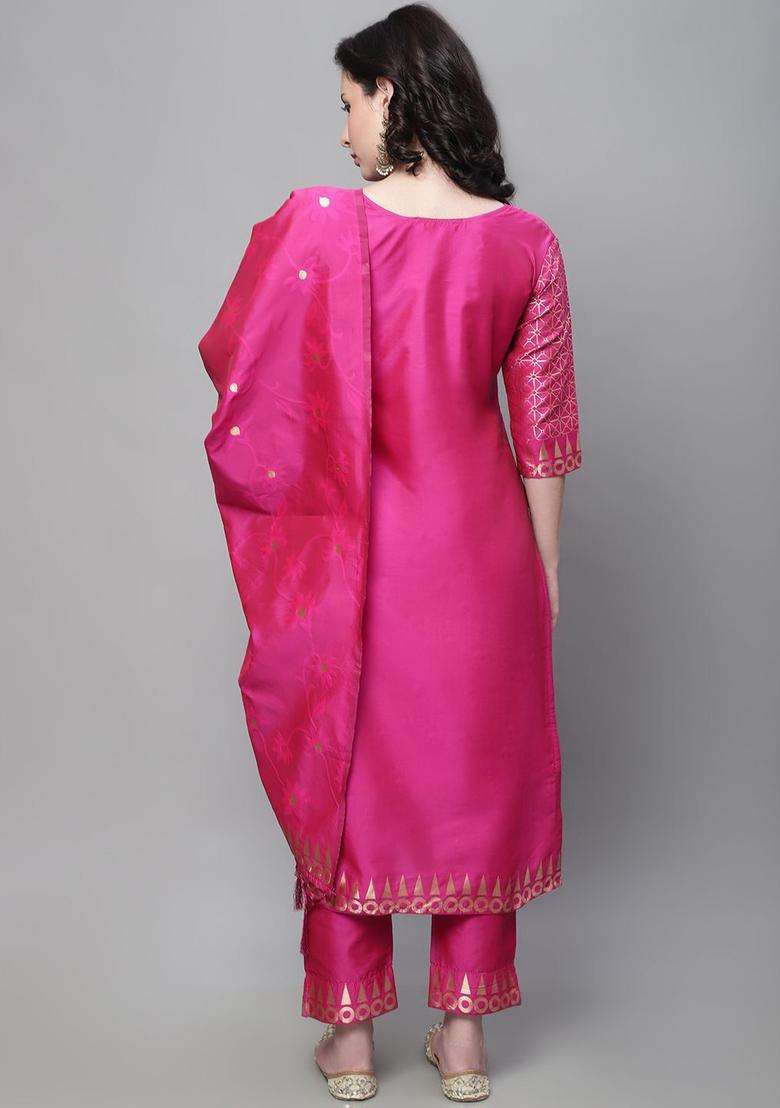 Pink Woven Design Silk Blend Kurta Set - Indya