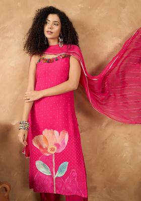 Fuchsia Printed Silk Kurta Set
