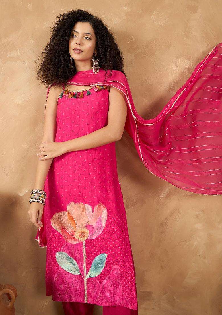 Fuchsia Printed Silk Blend Kurta Set - Indya