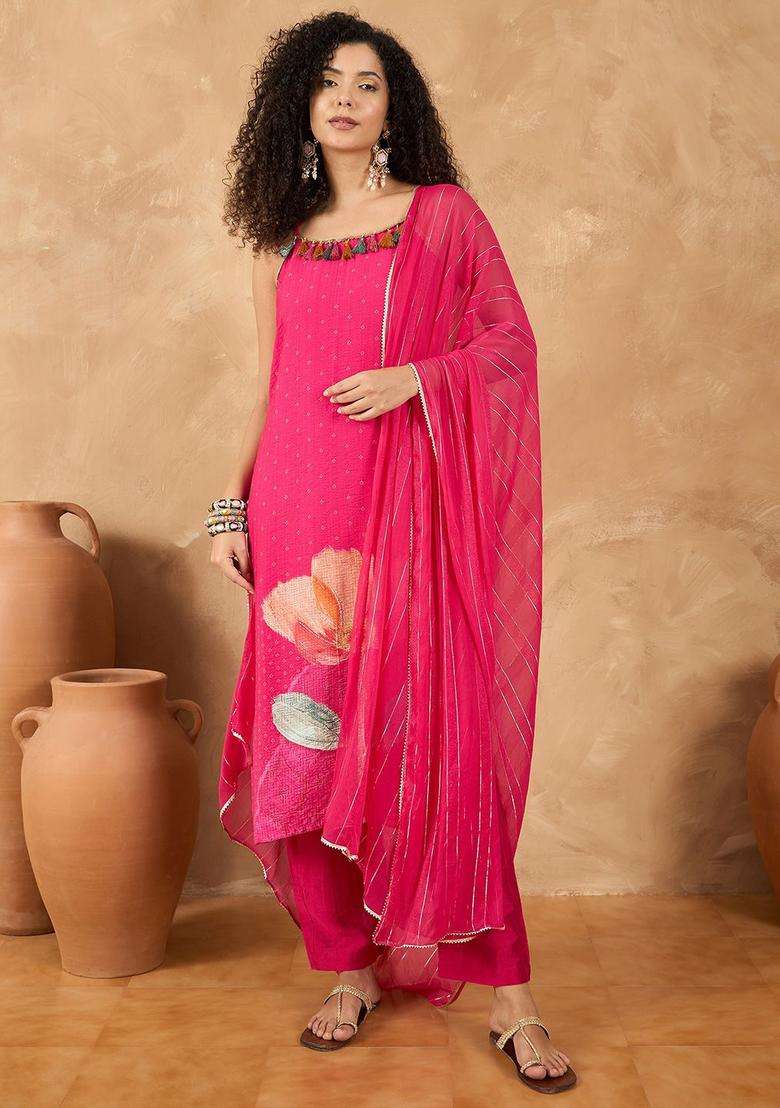 Fuchsia Printed Silk Blend Kurta Set - Indya
