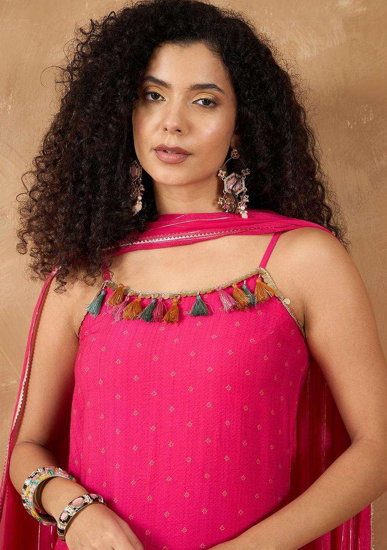 Fuchsia Printed Silk Blend Kurta Set - Indya
