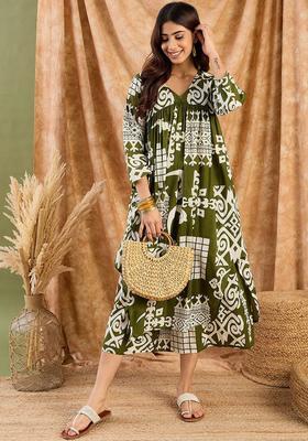 Olive Printed Cotton Kurta Set