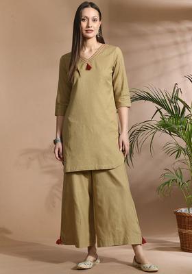 Brown Solid Cotton Kurta Set