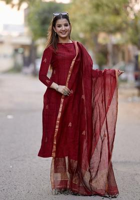 Maroon Printed Viscose Kurta Set