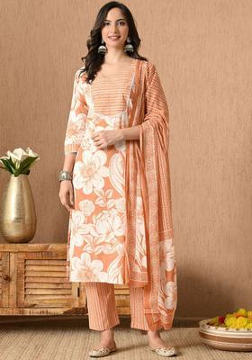 Orange Printed Cotton Kurta Set