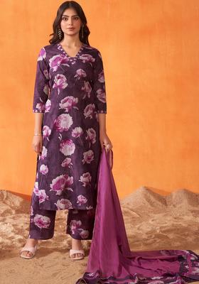 Burgundy Printed Cotton Kurta Set