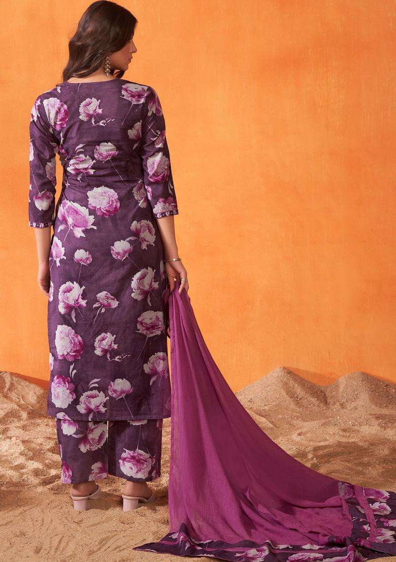 Burgundy Printed Cotton Kurta Set - Indya