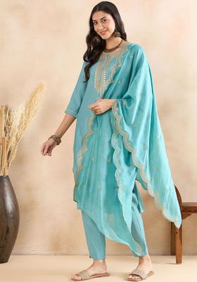 Sea Green Embroidered Silk Blend Kurta Set