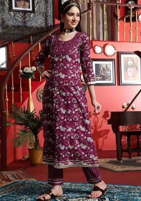 Burgundy Printed Cotton Kurta Set